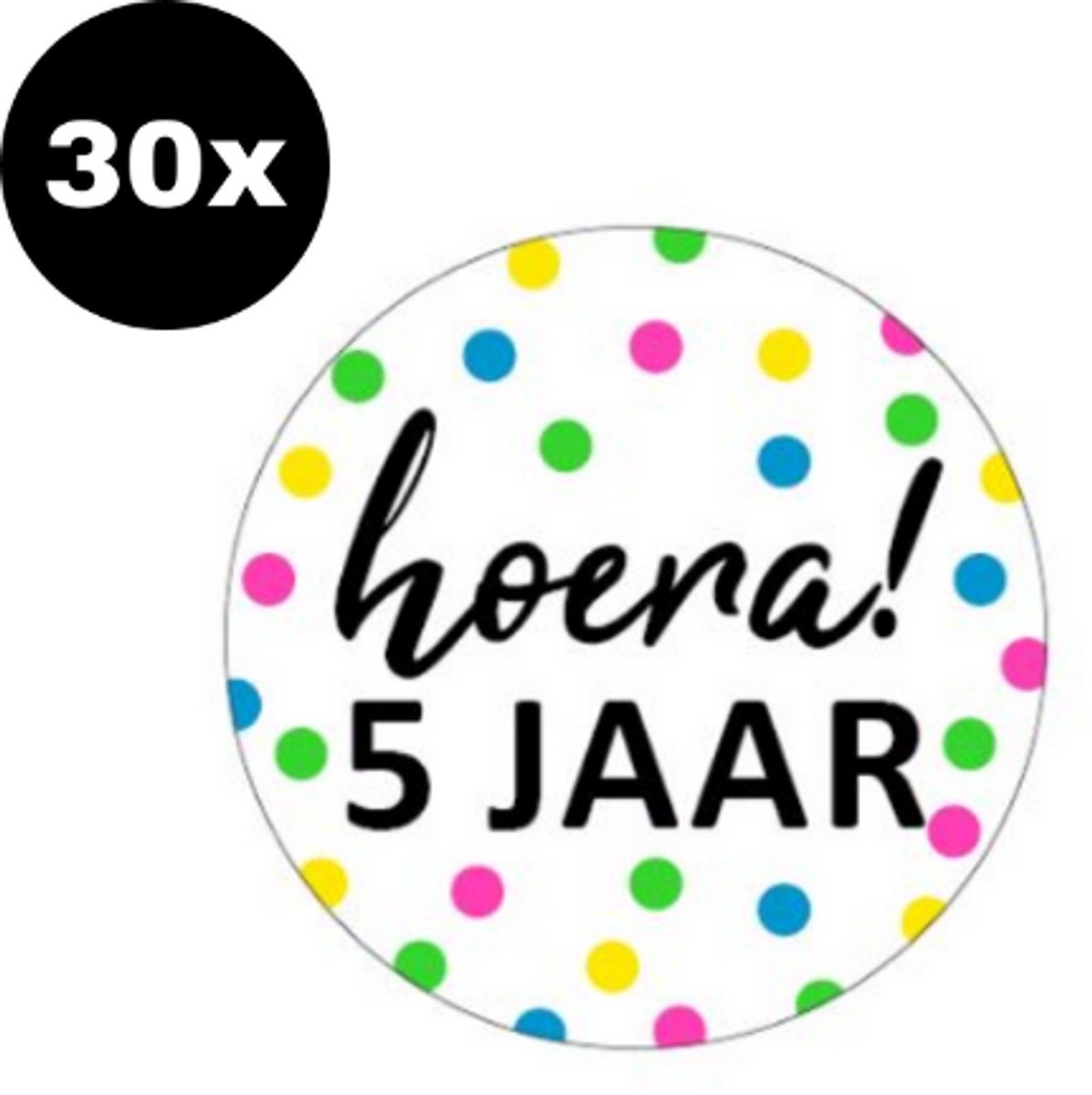 30x ZOETTT Sluitsticker Hoera 5 jaar! | NEON | 40 mm | Traktatiesticker Hoera | Cadeausticker | Sluitzegel | Sluitsticker | Traktatie - Verjaardag - Feest | Kinder traktatie
